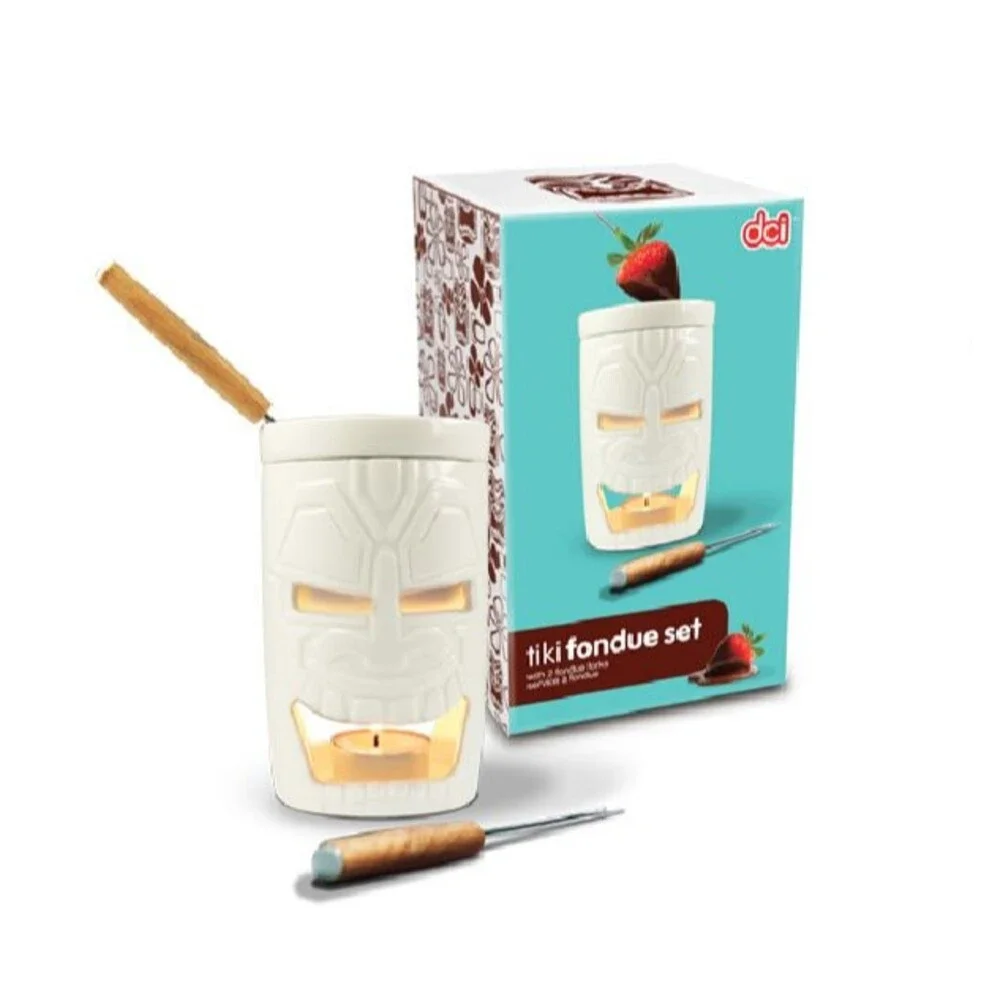 TIKI fondue Set dci white ceramic luau with 2 forks NEW The Other Edge